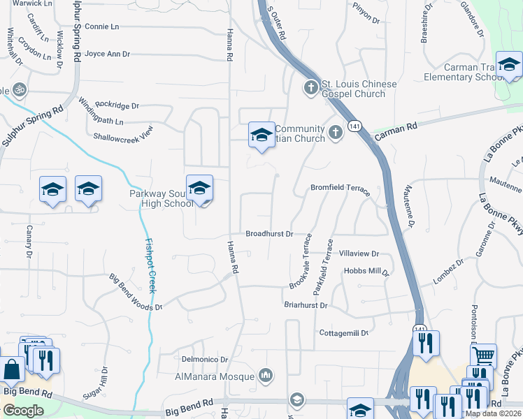 map of restaurants, bars, coffee shops, grocery stores, and more near 907 Kammerly Terrace in Ballwin