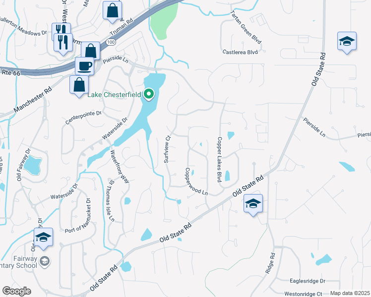 map of restaurants, bars, coffee shops, grocery stores, and more near 16366 Copperwood Lane in Wildwood