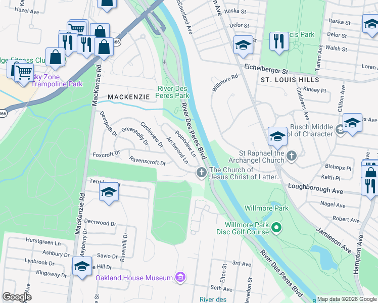 map of restaurants, bars, coffee shops, grocery stores, and more near 6207 Pointview Lane in St. Louis