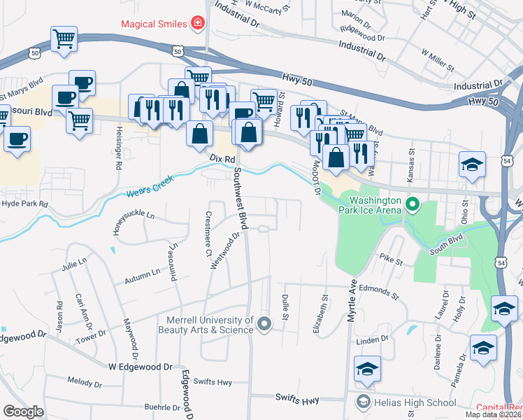 map of restaurants, bars, coffee shops, grocery stores, and more near 823 Southwest Boulevard in Jefferson City