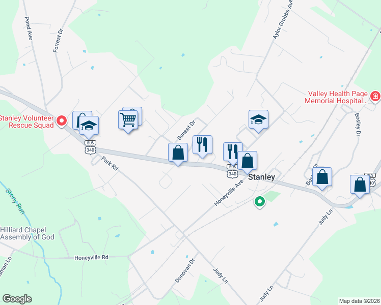 map of restaurants, bars, coffee shops, grocery stores, and more near 163 Al Good Drive in Stanley