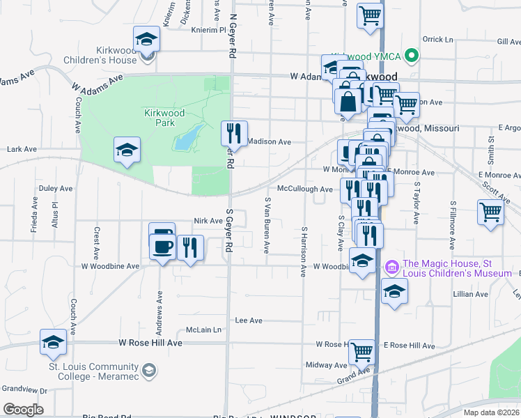 map of restaurants, bars, coffee shops, grocery stores, and more near 419 South Van Buren Avenue in Kirkwood