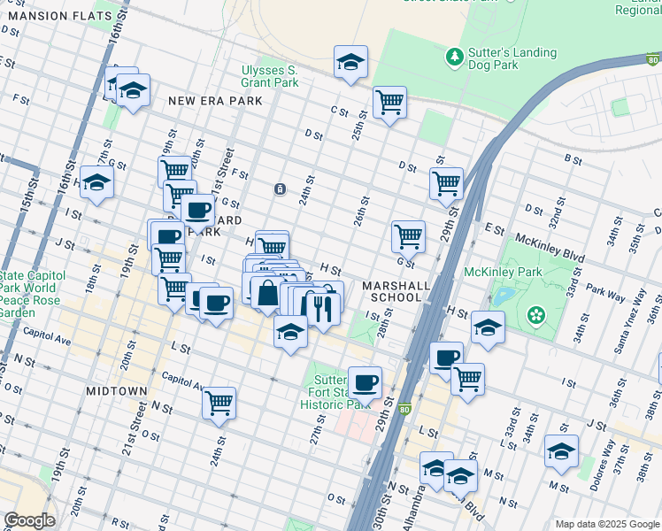 map of restaurants, bars, coffee shops, grocery stores, and more near 2525 H Street in Sacramento