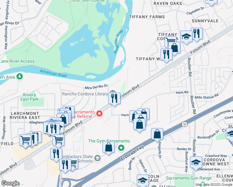 map of restaurants, bars, coffee shops, grocery stores, and more near 9847 Folsom Boulevard in Sacramento