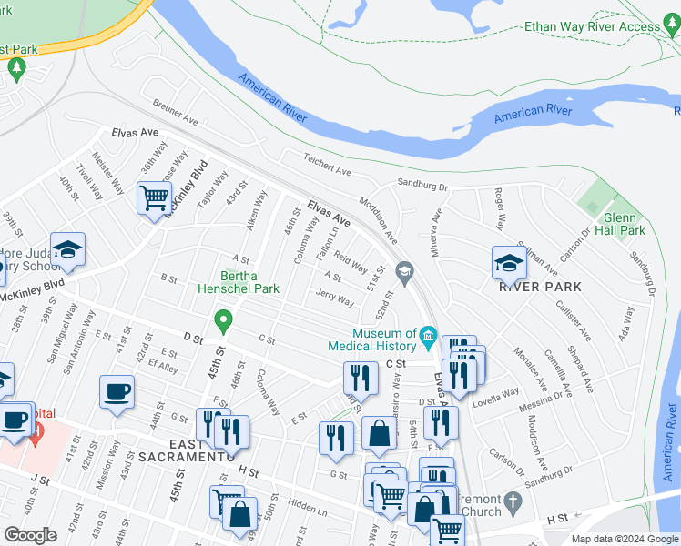 map of restaurants, bars, coffee shops, grocery stores, and more near 4823 A Street in Sacramento