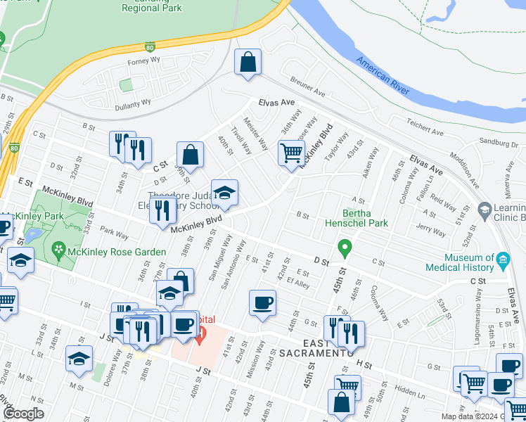 map of restaurants, bars, coffee shops, grocery stores, and more near 3992 McKinley Boulevard in Sacramento