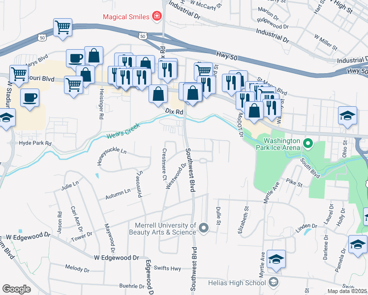 map of restaurants, bars, coffee shops, grocery stores, and more near 824 Southwest Boulevard in Jefferson City