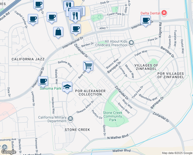map of restaurants, bars, coffee shops, grocery stores, and more near 3390 Zinfandel Drive in Rancho Cordova