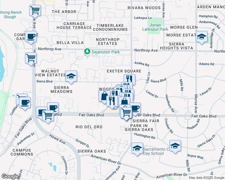 map of restaurants, bars, coffee shops, grocery stores, and more near 544 Woodside Oaks in Sacramento