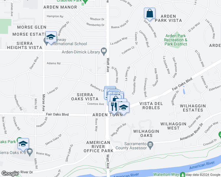 map of restaurants, bars, coffee shops, grocery stores, and more near 700 Watt Avenue in Sacramento