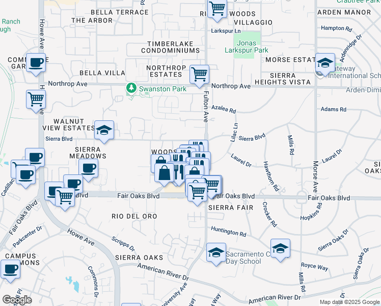 map of restaurants, bars, coffee shops, grocery stores, and more near 651 Fulton Avenue in Sacramento