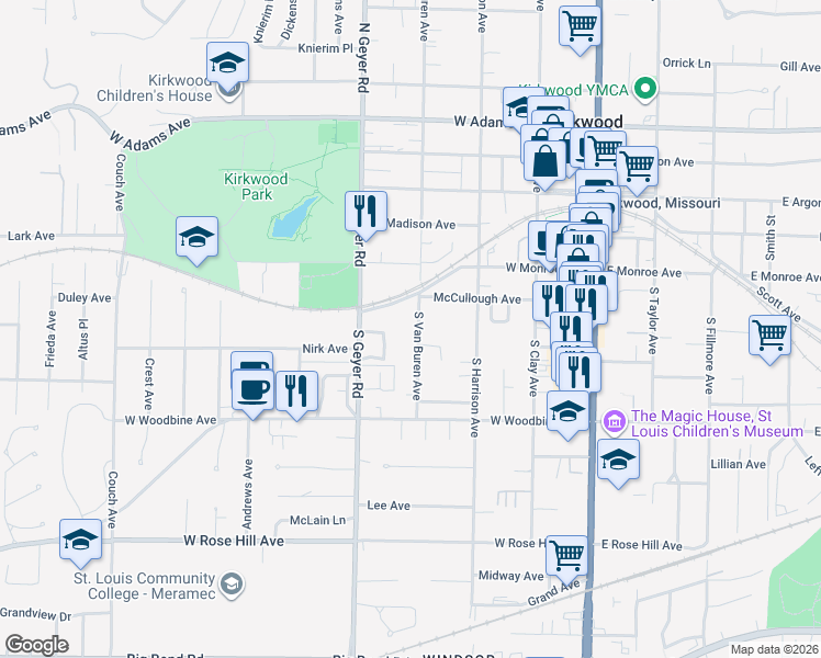 map of restaurants, bars, coffee shops, grocery stores, and more near 419 South Van Buren Avenue in Kirkwood