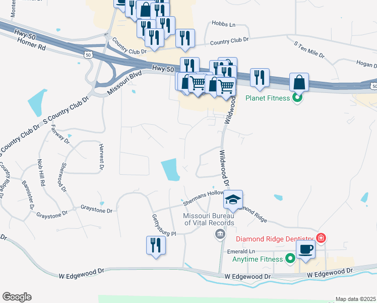 map of restaurants, bars, coffee shops, grocery stores, and more near 3509 Knipp Drive in Jefferson City