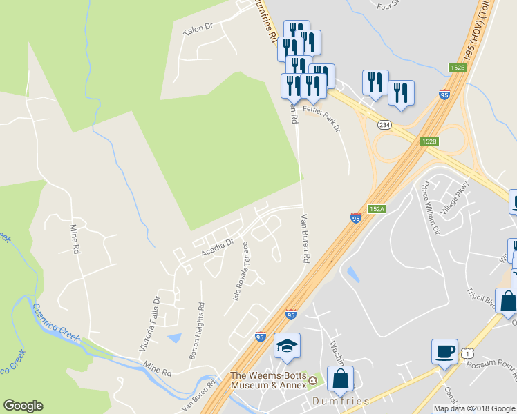 map of restaurants, bars, coffee shops, grocery stores, and more near 17310 Pacific Rim Trail in Dumfries