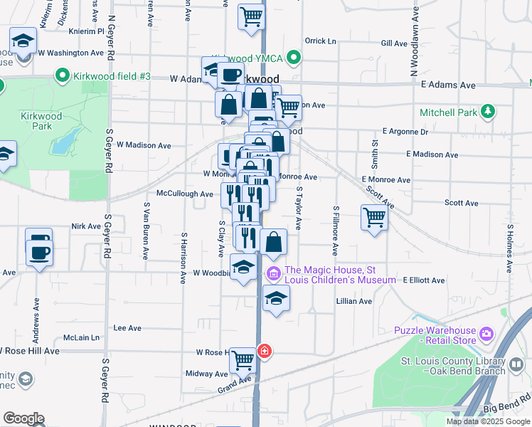map of restaurants, bars, coffee shops, grocery stores, and more near 350 S Kirkwood Rd in Kirkwood