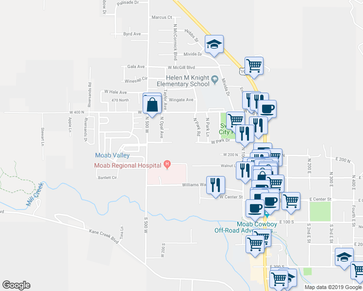 map of restaurants, bars, coffee shops, grocery stores, and more near 354 Williams Way in Moab