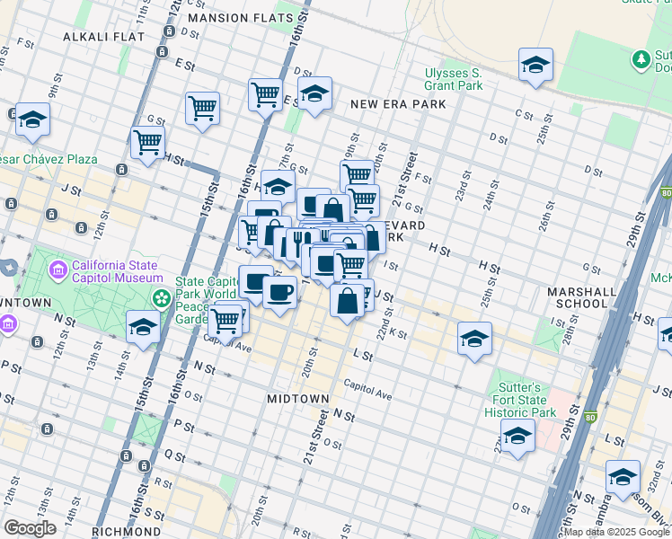map of restaurants, bars, coffee shops, grocery stores, and more near 1015 20th Street in Sacramento