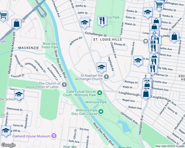 map of restaurants, bars, coffee shops, grocery stores, and more near 6028 Guilford Pl in St Louis