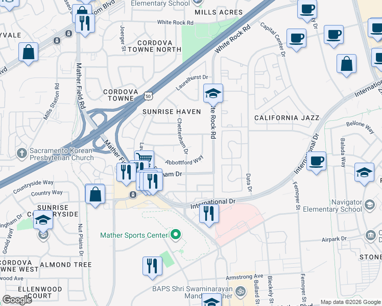 map of restaurants, bars, coffee shops, grocery stores, and more near 3247 Chettenham Drive in Rancho Cordova
