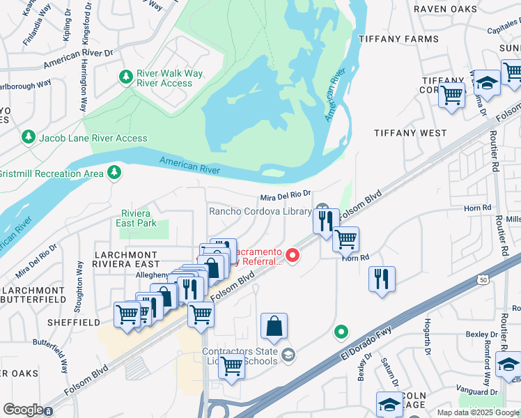 map of restaurants, bars, coffee shops, grocery stores, and more near 2782 Hyannis Way in Sacramento