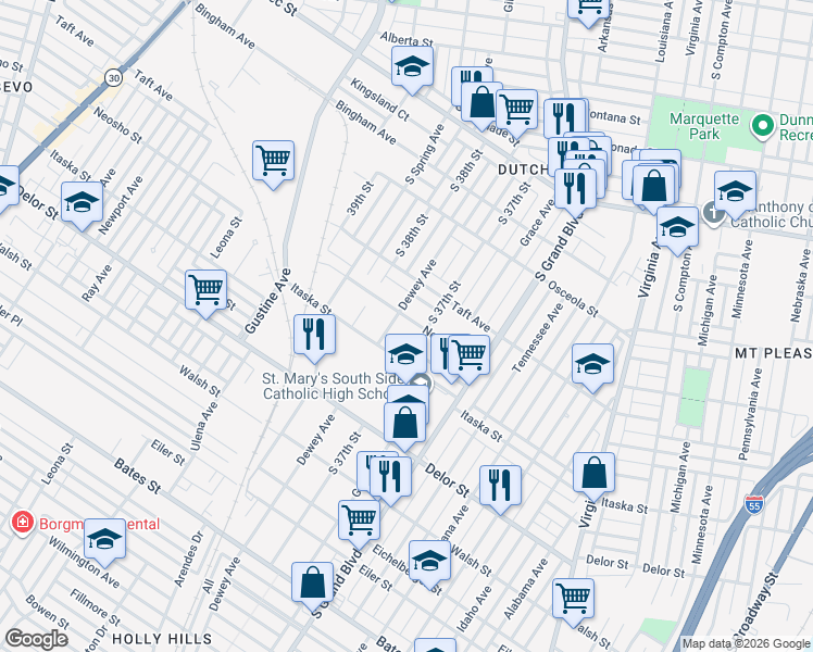 map of restaurants, bars, coffee shops, grocery stores, and more near 3702 Neosho Street in St. Louis