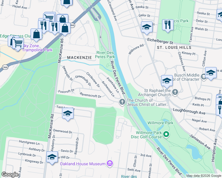 map of restaurants, bars, coffee shops, grocery stores, and more near 6207 Pointview Lane in St. Louis