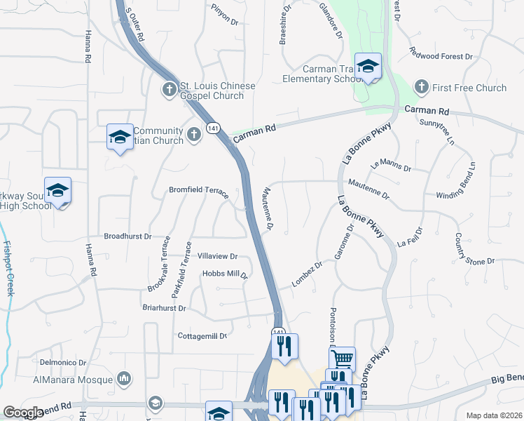 map of restaurants, bars, coffee shops, grocery stores, and more near 1254 Mautenne Drive in Ballwin