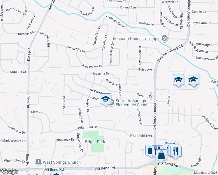 map of restaurants, bars, coffee shops, grocery stores, and more near 394 Genoa Drive in Ballwin