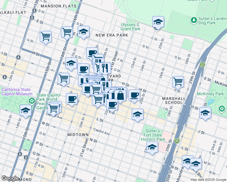 map of restaurants, bars, coffee shops, grocery stores, and more near 22nd St & I St in Sacramento