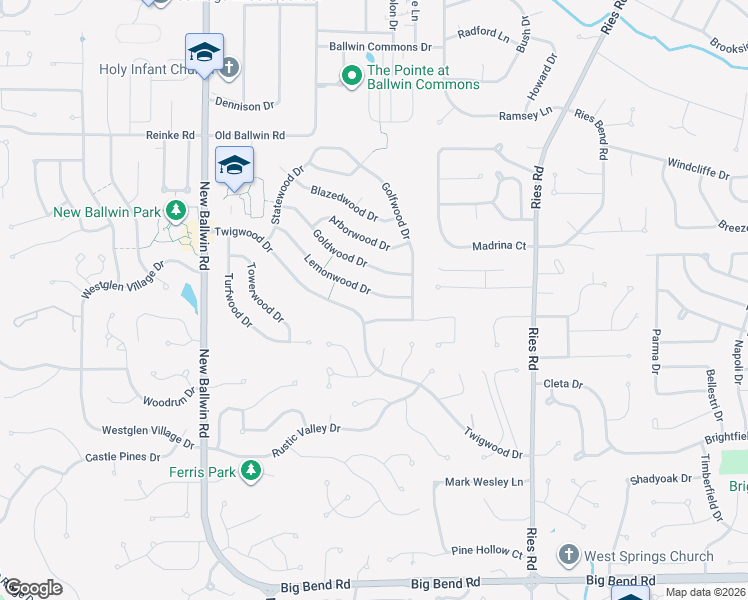 map of restaurants, bars, coffee shops, grocery stores, and more near 542 Lemonwood Dr in Ballwin