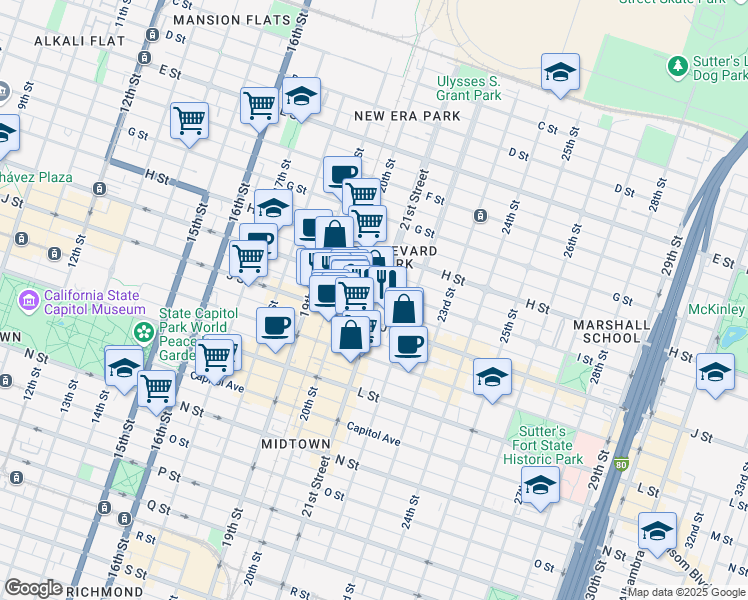 map of restaurants, bars, coffee shops, grocery stores, and more near 2015 J Street in Sacramento