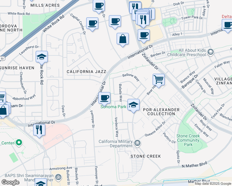 map of restaurants, bars, coffee shops, grocery stores, and more near 10721 Bellone Way in Rancho Cordova