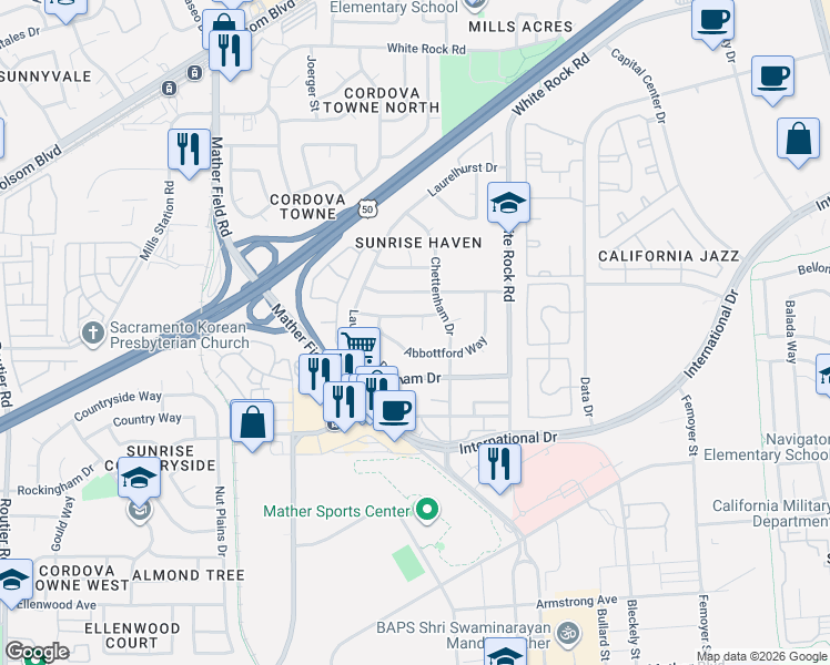 map of restaurants, bars, coffee shops, grocery stores, and more near 10446 Hartford Court in Rancho Cordova
