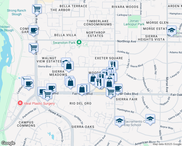 map of restaurants, bars, coffee shops, grocery stores, and more near 510 Woodside Oaks in Sacramento
