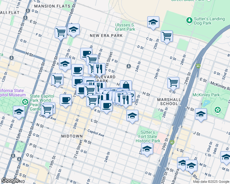 map of restaurants, bars, coffee shops, grocery stores, and more near 2217 I Street in Sacramento