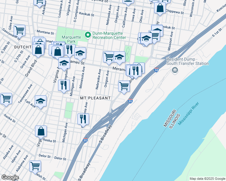 map of restaurants, bars, coffee shops, grocery stores, and more near 4331 California Avenue in St. Louis