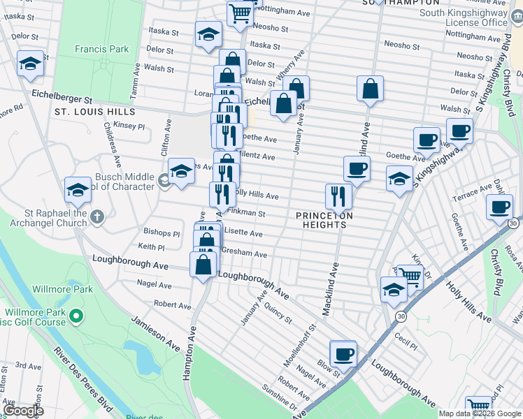 map of restaurants, bars, coffee shops, grocery stores, and more near 5625 Finkman Street in St. Louis