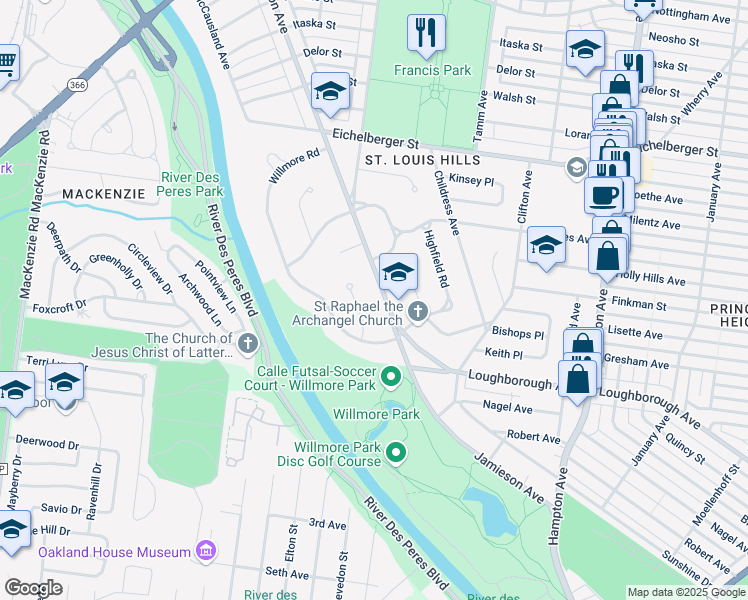 map of restaurants, bars, coffee shops, grocery stores, and more near 6028 Guilford Place in St. Louis