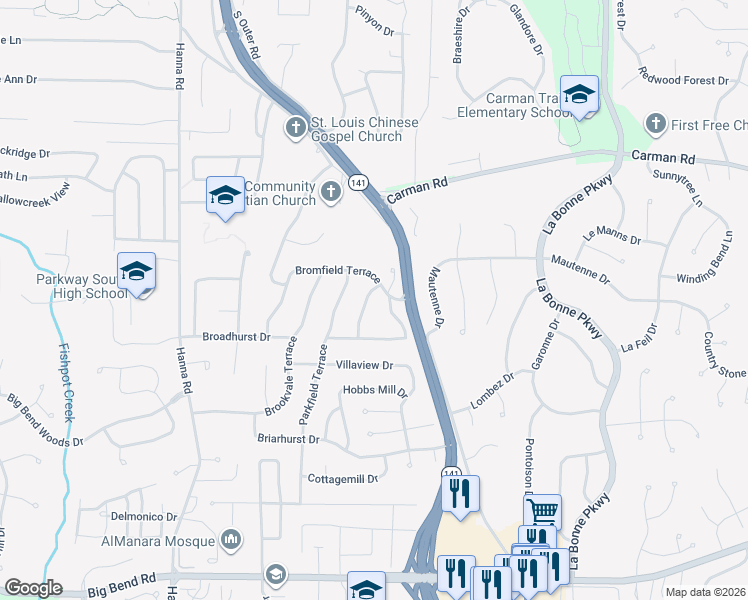 map of restaurants, bars, coffee shops, grocery stores, and more near 804 Delhurst Drive in Ballwin