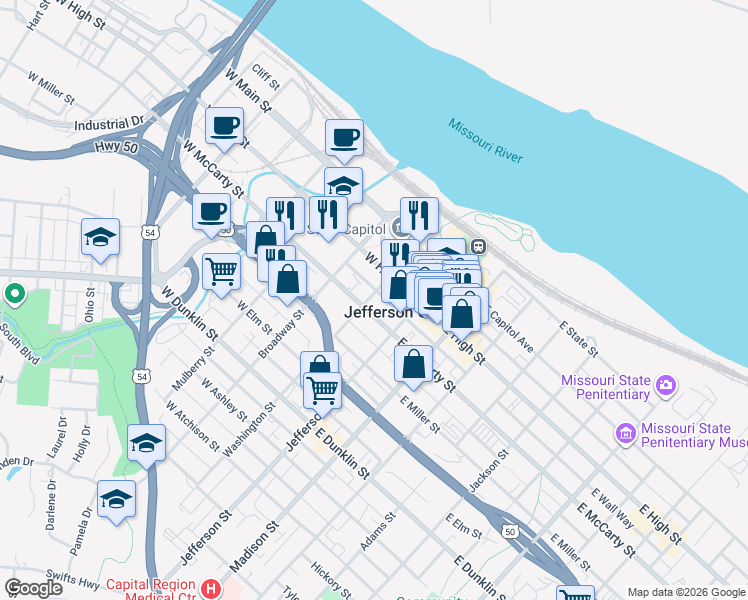 map of restaurants, bars, coffee shops, grocery stores, and more near in Jefferson City