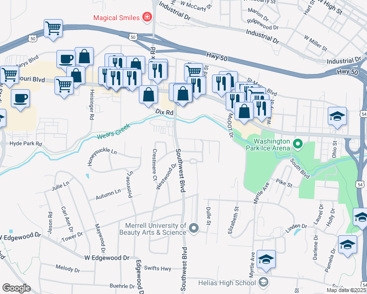 map of restaurants, bars, coffee shops, grocery stores, and more near 824 Southwest Boulevard in Jefferson City