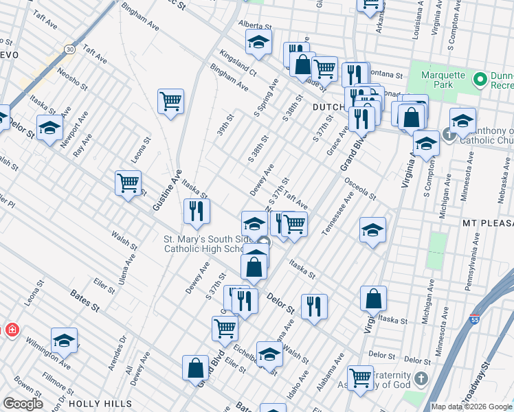 map of restaurants, bars, coffee shops, grocery stores, and more near 3716 Neosho Street in St. Louis