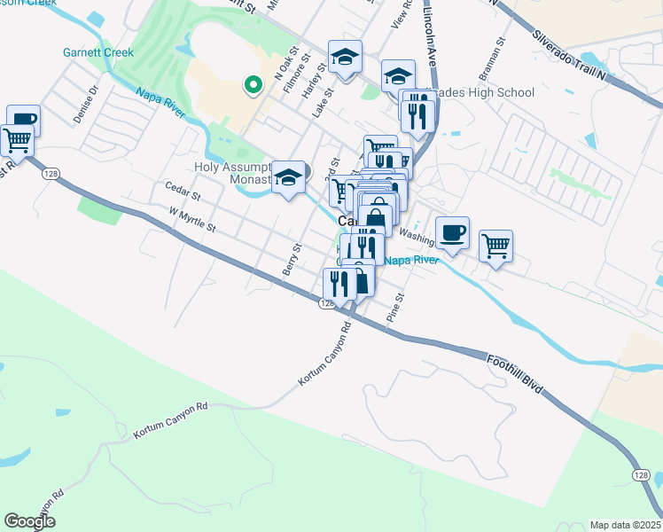 map of restaurants, bars, coffee shops, grocery stores, and more near 1317 Cedar Street in Calistoga