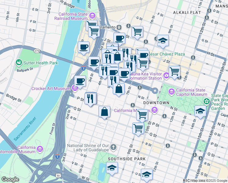 map of restaurants, bars, coffee shops, grocery stores, and more near 500 N Street in Sacramento