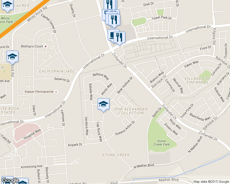 map of restaurants, bars, coffee shops, grocery stores, and more near 10917 Bellone Way in Rancho Cordova