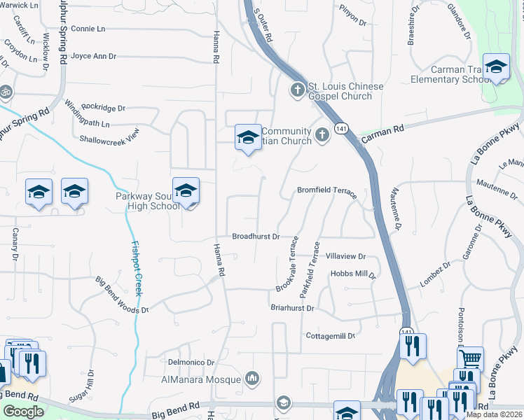 map of restaurants, bars, coffee shops, grocery stores, and more near 907 Kammerly Terrace in Ballwin