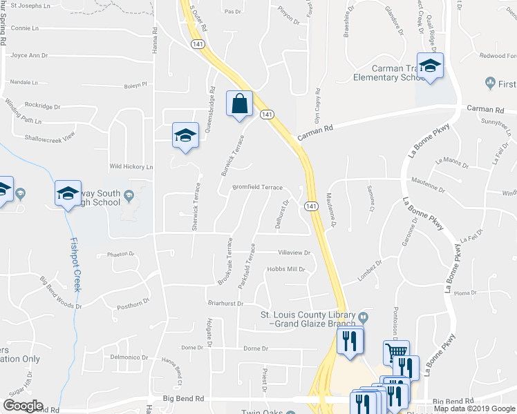 map of restaurants, bars, coffee shops, grocery stores, and more near 809 Parkfield Terrace in Ballwin