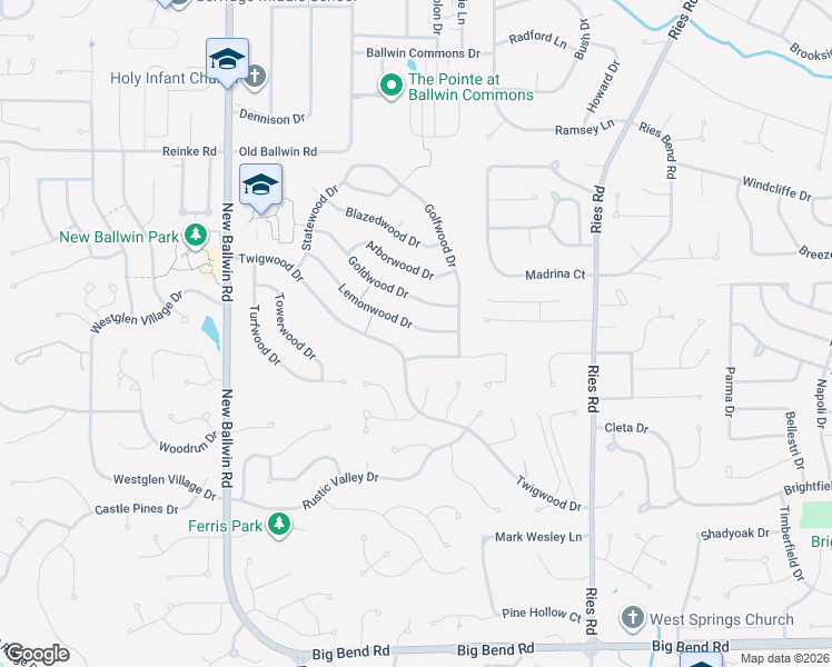 map of restaurants, bars, coffee shops, grocery stores, and more near 542 Lemonwood Drive in Ballwin