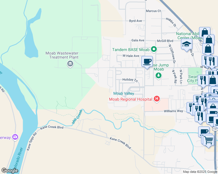 map of restaurants, bars, coffee shops, grocery stores, and more near 212 North Carmichael Drive in Moab