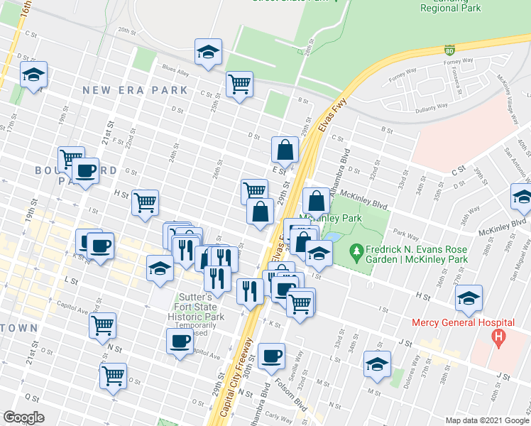 map of restaurants, bars, coffee shops, grocery stores, and more near 2817 G Street in Sacramento